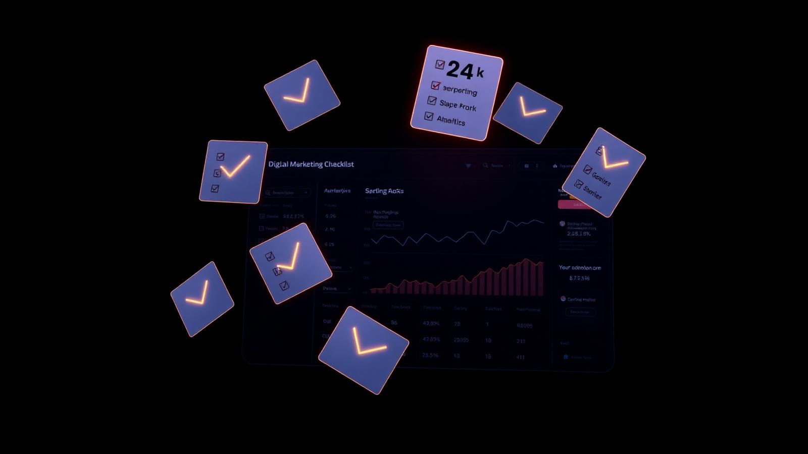 Digital marketing checklist infographic with icons for SEO, ads, social, email and analytics